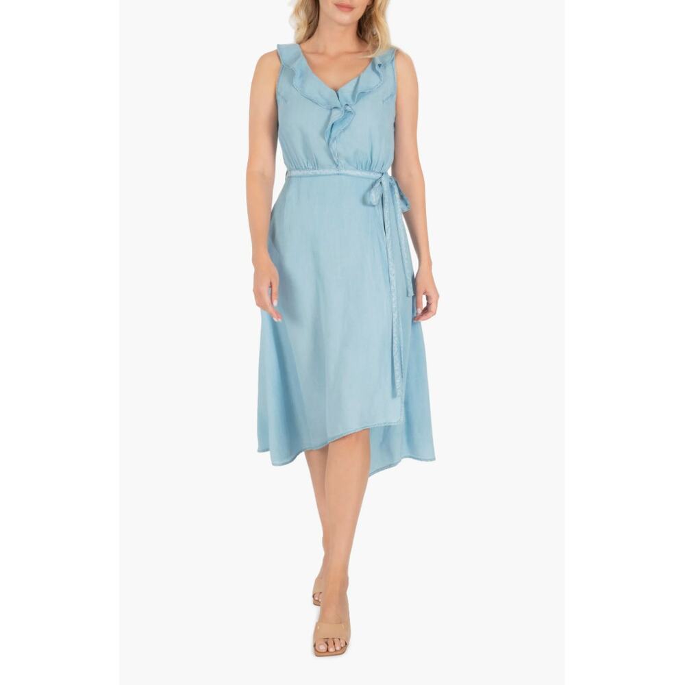 NWT KUT From The Kloth Dress Blue Chambray Ruffle Sleeveless Belt Casual Small